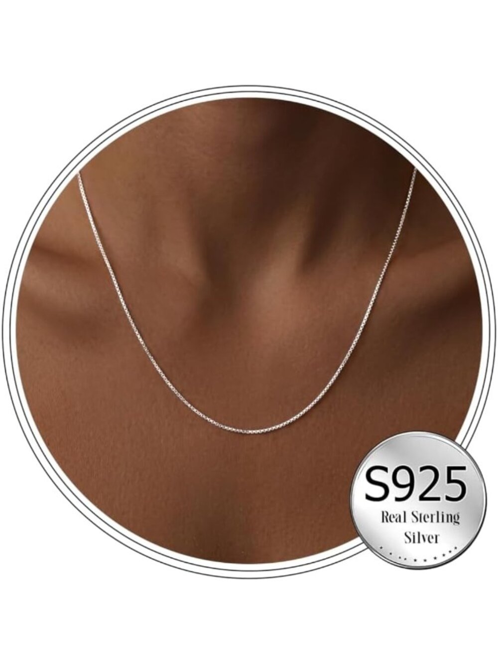 S925 Sterling Silver Box Chain Necklace for Women & Men, Thin 0.8mm Pendant